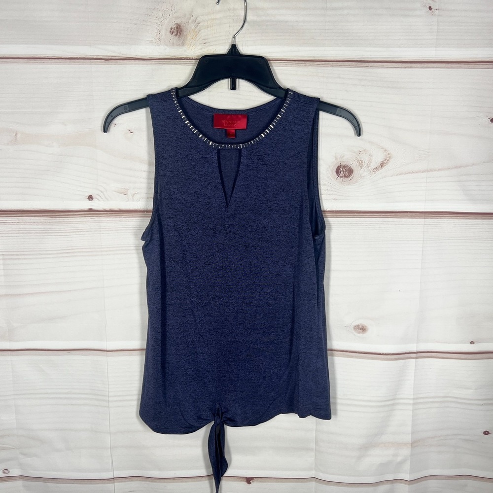 Jennifer Lopez Top Womens XS Blue Keyhole Neck Tank Knit Tie Waist Beaded Neck